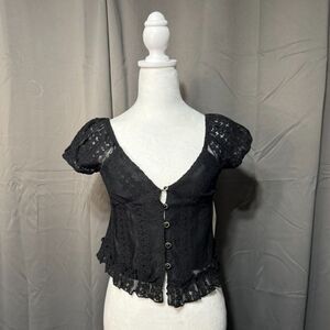 La Peche Black Lace Crop Top XS Sheer Button Front Ruffle Hem Boho Y2K